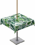 Green Tropical Palm Leaves Square Outdoor Tablecloth with Umbrella Hole and Zipper, Waterproof Summer Botanical Leaf Table Cloth Cover, Watercolor Plants Table Protector for Patio Party 54"x54"