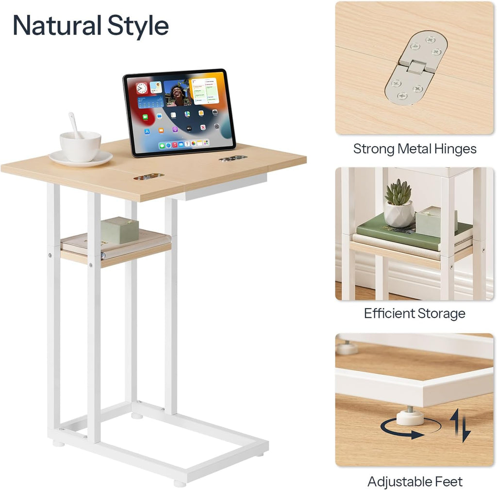 HOOBRO Foldable C Shaped End Table, C Shaped Side Table with Storage Shelf