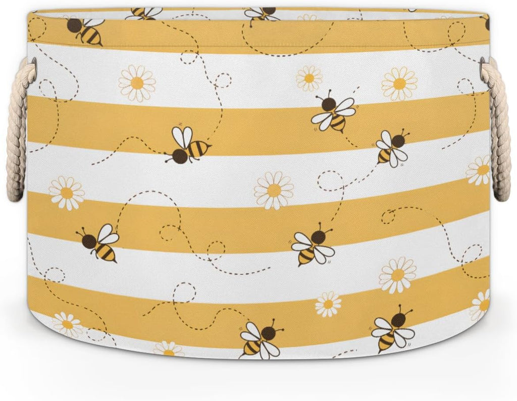 Animal Cute Bee Large Storage Basket Honeycomb Bee Round Laundry Basket with Handle Organization Collapsible Storage Bins Box Hamper for Kids Toy Clothes Nursery Bedroom Living Room Decor