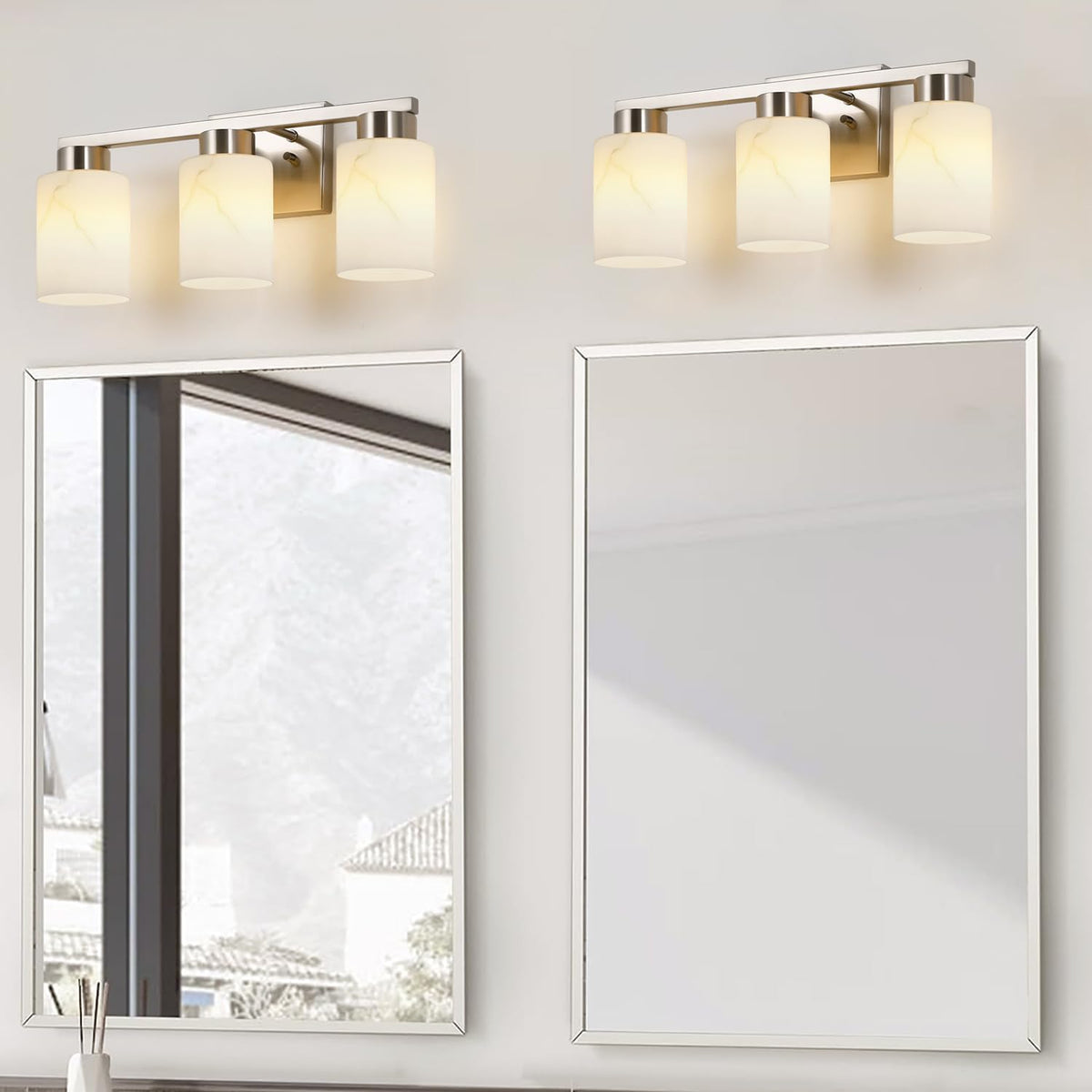 3-Light Bathroom Light Fixtures, Modern Vanity Lights, Brushed Nickel Metal Wall Lamp with White Marble Glass for Bathroom, Mirror, Living Room, Bedroom, Cabinet, Porch, Hallway, E26 Base