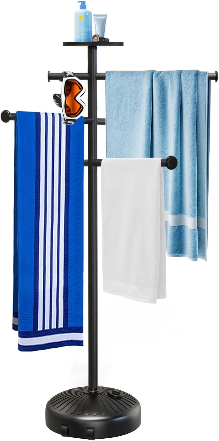 Pool Towel Rack with Wheels and Storage Tray for Indoor Outdoor Use