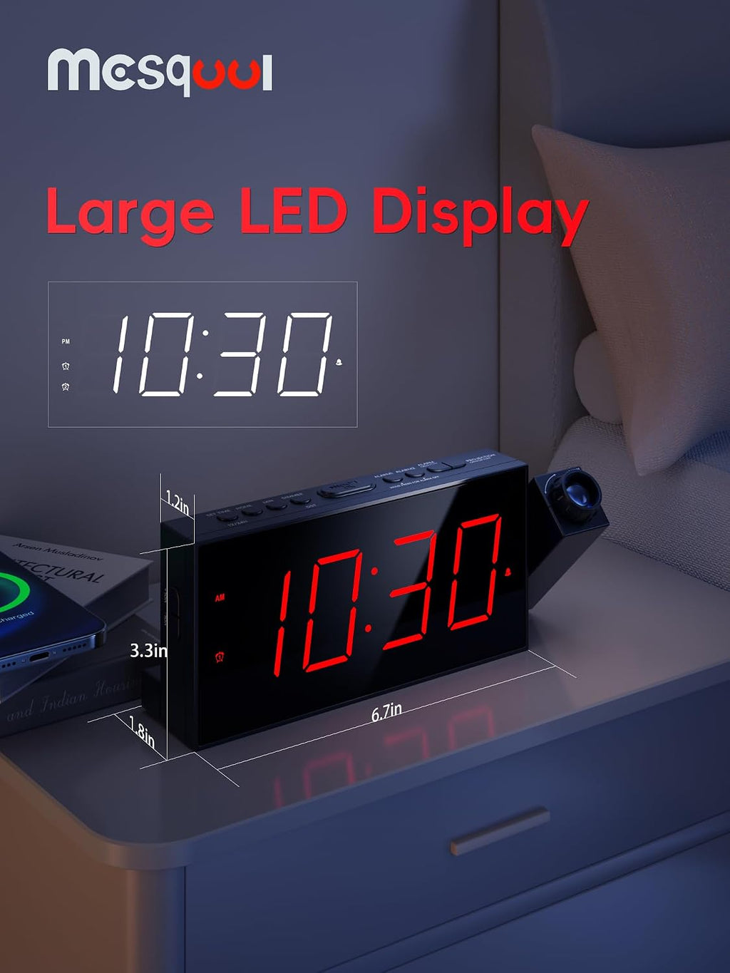 Mesqool Digital Projection Alarm Clock with Dual Alarms, 5 Levels Dimmer