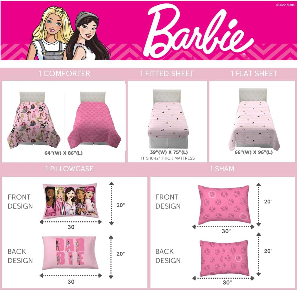 Franco Barbie Barbiecore Bedding Super Soft Comforter and Sheet Set with Sham, 5 Piece Twin Size, College Dorm Essentials (Official Licensed Product)