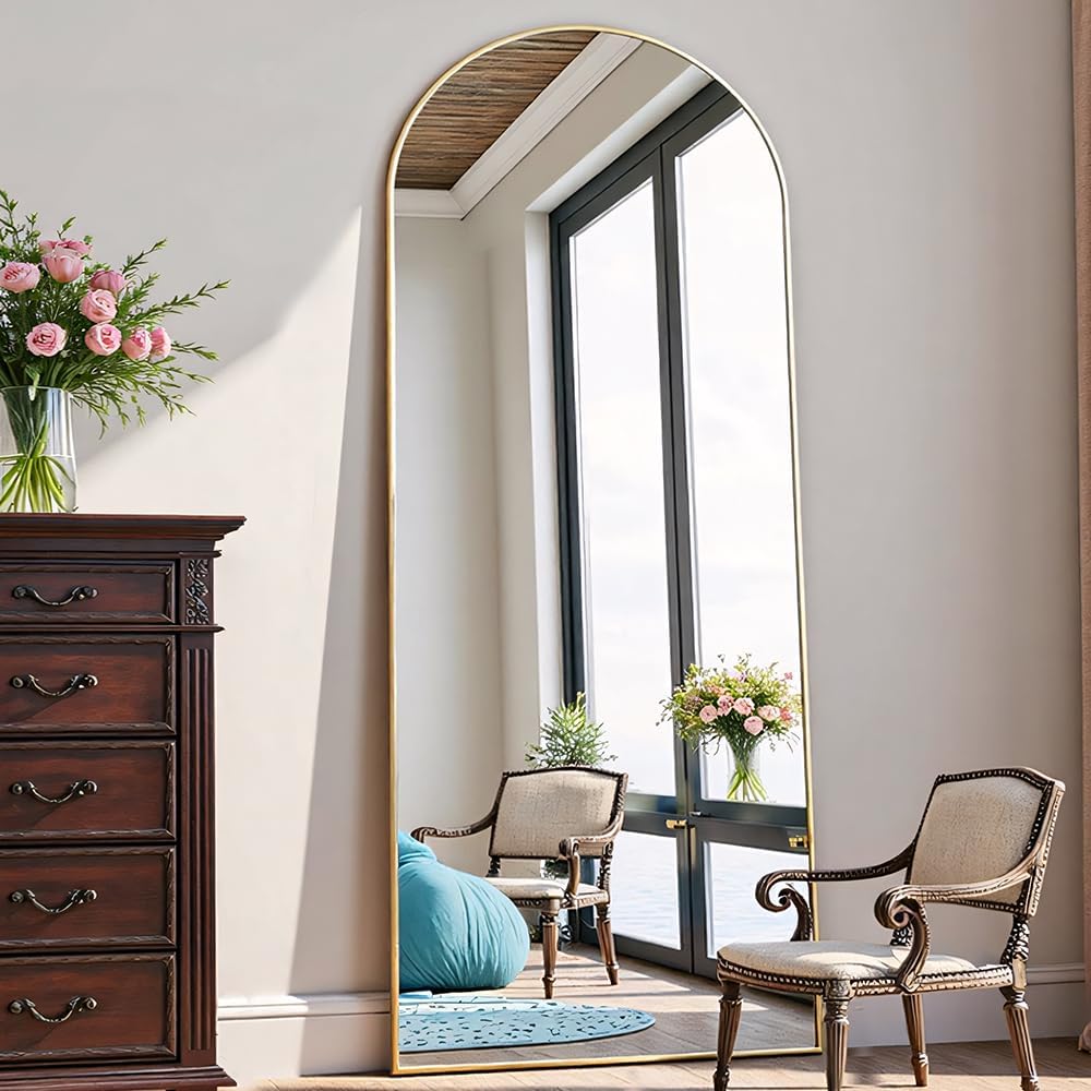 OGCAU Floor Full Length Mirror, 56"x20" Arched Full Body Mirror, White