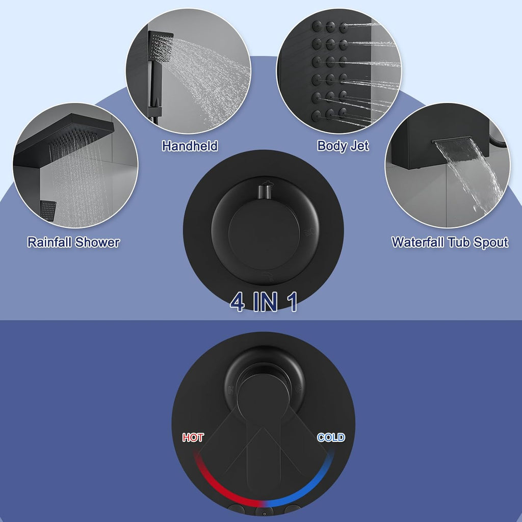 ROVATE 4 in 1 Shower Panel Tower with Powerful Body Jets, Matte Black