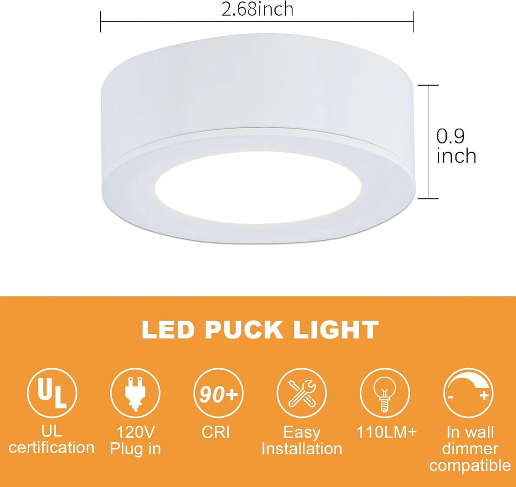 LUMILAND Wired LED Puck Lights 120V (2.7Wx3) Plug-in Lighting Warm White, LED Cabinet Light for Kitchen Can Be Surface Mount or Recess Mount, White
