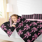 Erosebridal Pink and Black Bow Twin Comforter Set | Cute Coquette Bowtie Bedding Sets for Girls Kids, Pink Ribbon Bow Tie Striped Bed Set, Aesthetic Bows Room Decor, 1 Pillowcase