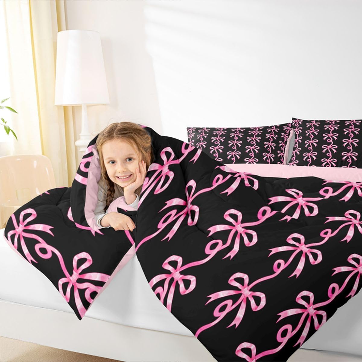 Erosebridal Pink and Black Bow Twin Comforter Set | Cute Coquette Bowtie Bedding Sets for Girls Kids, Pink Ribbon Bow Tie Striped Bed Set, Aesthetic Bows Room Decor, 1 Pillowcase