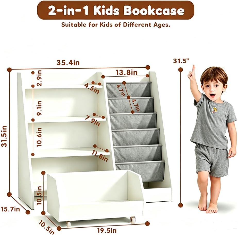 Kids Bookshelf and Toy Storage - Wooden Toddler Book Shelf with Drawer