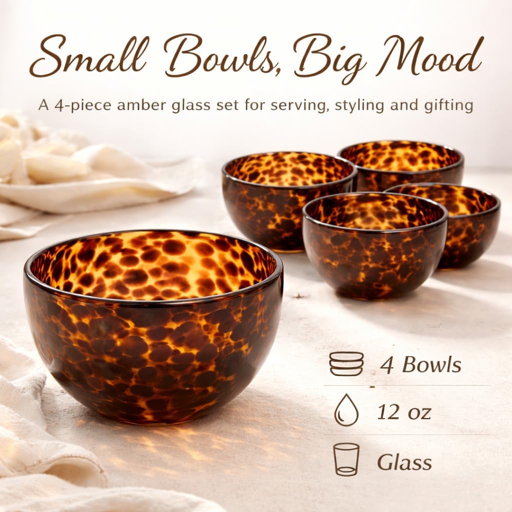 4PCS Tortoise Shell Glass Bowls - 12oz Amber Small Serving Bowl