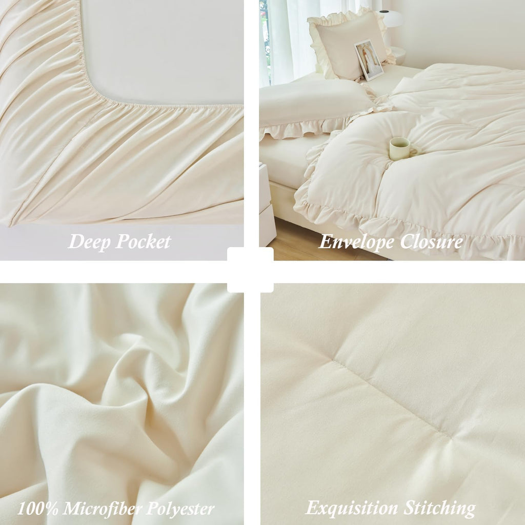 ANGIYUIN 5 Pieces Camel Twin Size Comforter Set for Kids Girls Ruffled Bedding Set Boho Farmhouse Bed Sets Shabby Fluffy Elegance Bed in A Bag with Sheets(Camel Twin)