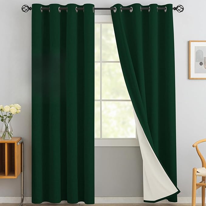 Yakamok Dark Green Linen Curtains 100% Blackout 96 Inches Long, Room Darkening by Yakamok