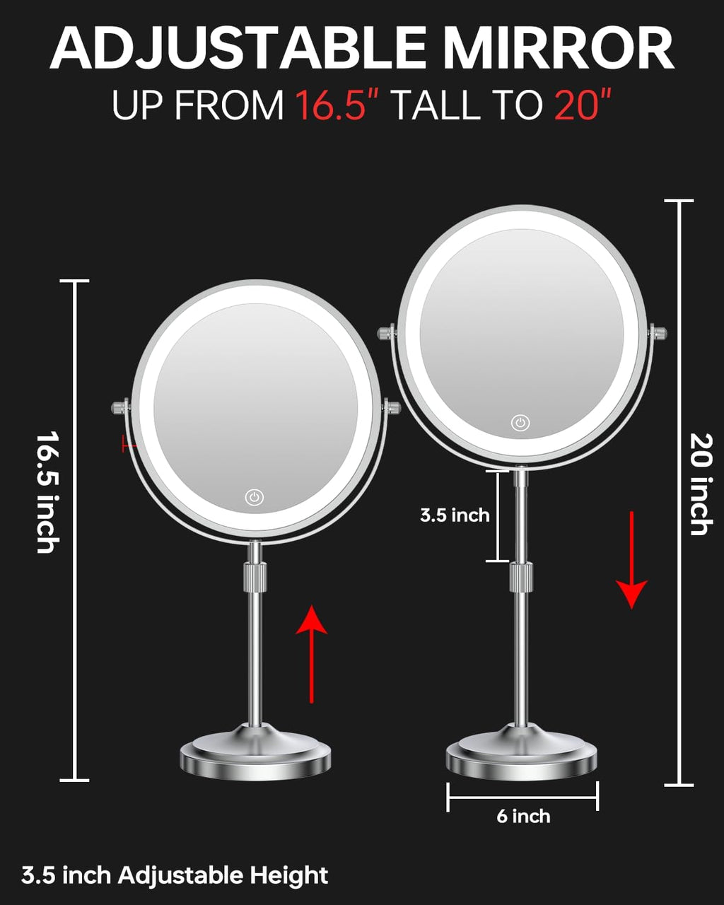 9" Tall Lighted Makeup Mirror with Lights and 1X 10X Magnification, Chrome