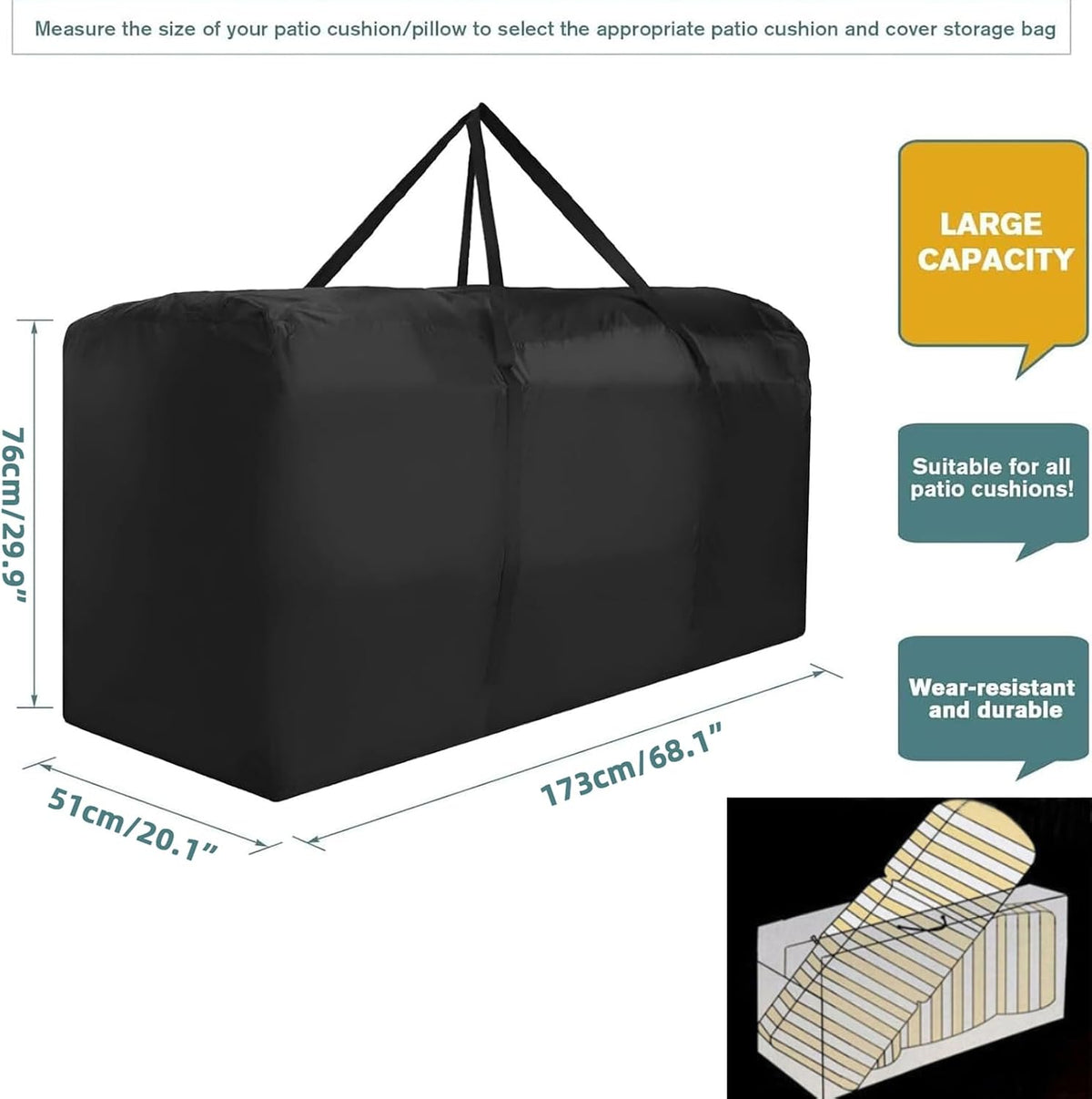 68" Extra Large Waterproof Outdoor Cushion Storage Bag – Heavy Duty Patio Furniture Cover with Zipper,Handles for Pool Decor,Christmas Tree Storage & Moving (173x76x51cm) (Black)