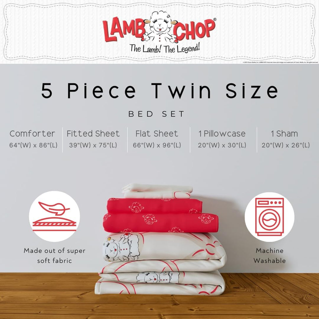 Lamb Chop Bedding Set, Twin Size 5-Piece Super Soft Fluffy Reversible Comforter & Sheet Set with Sham, (100% Officially Licensed Product) by Franco Collectibles