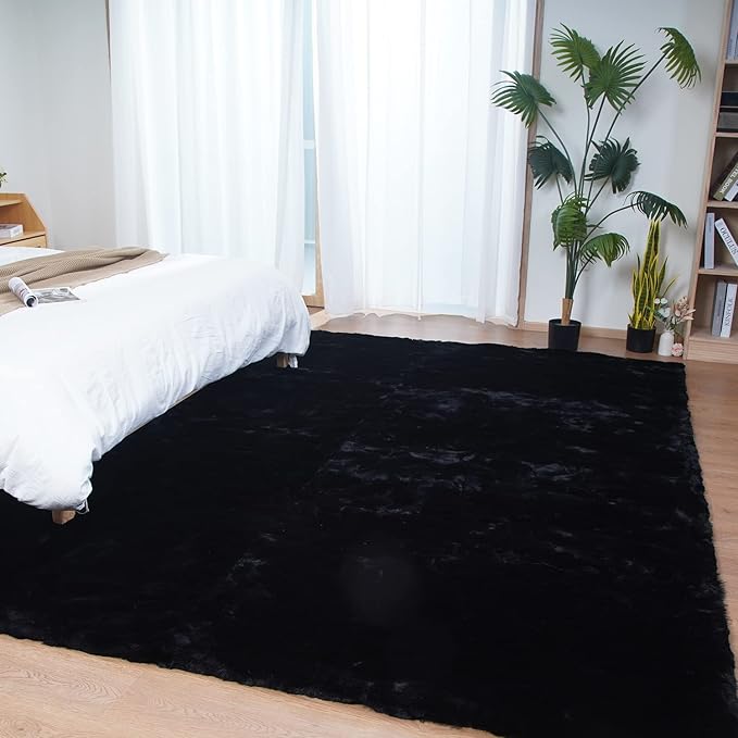 Ghouse Black 8x10 Area Rug Fluffy Faux Rabbit Fur Rug Black Plush Shag Rug by Ghouse