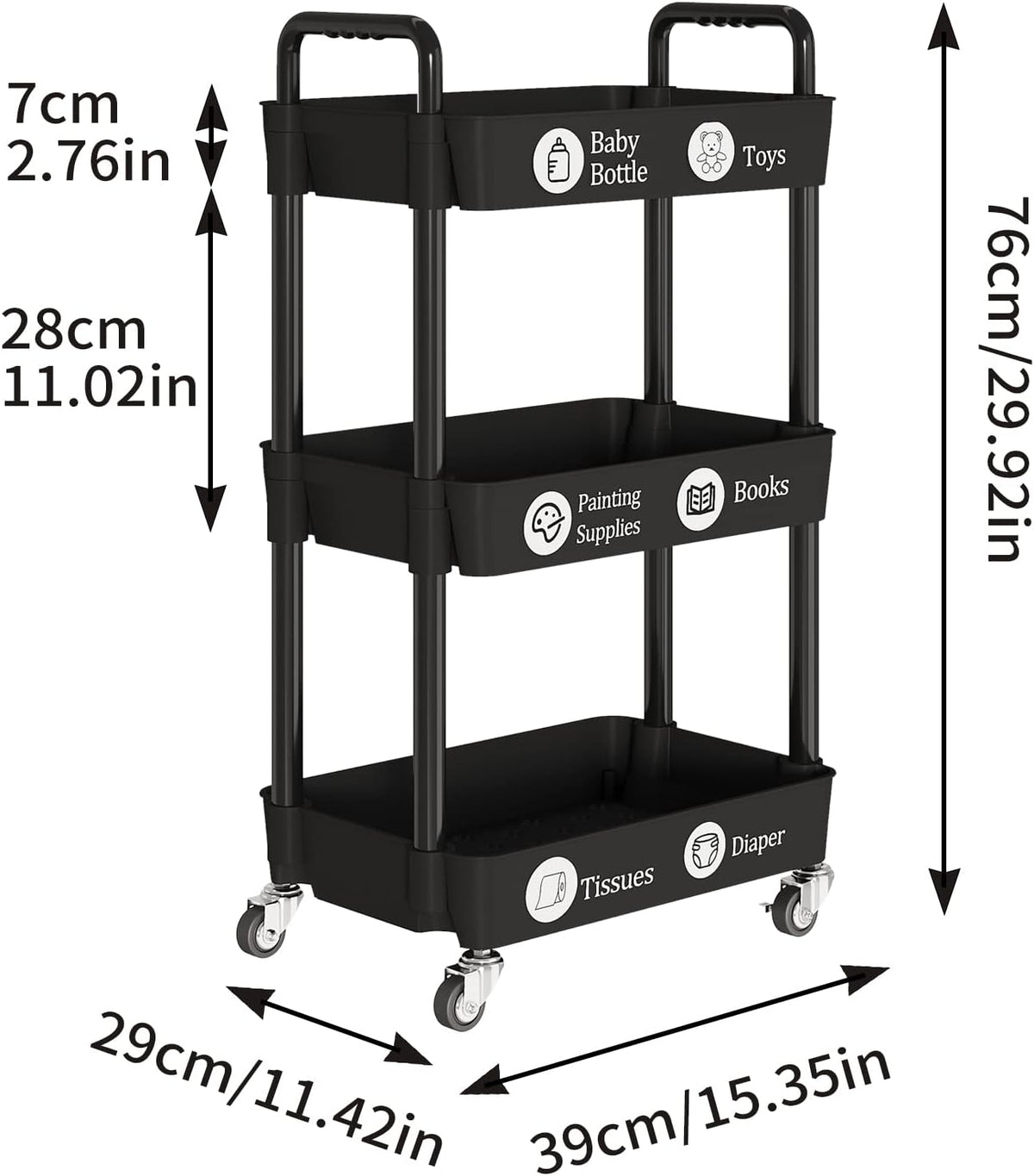 3 Tier Rolling Cart with Wheels, Utility Storage Carts,Black
