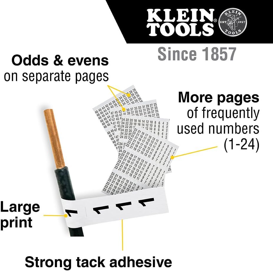 Klein Tools 56250 Wire Marker Book for Cable Management, Electric Panel Organization Wire Label Stickers, Numbered 1-48