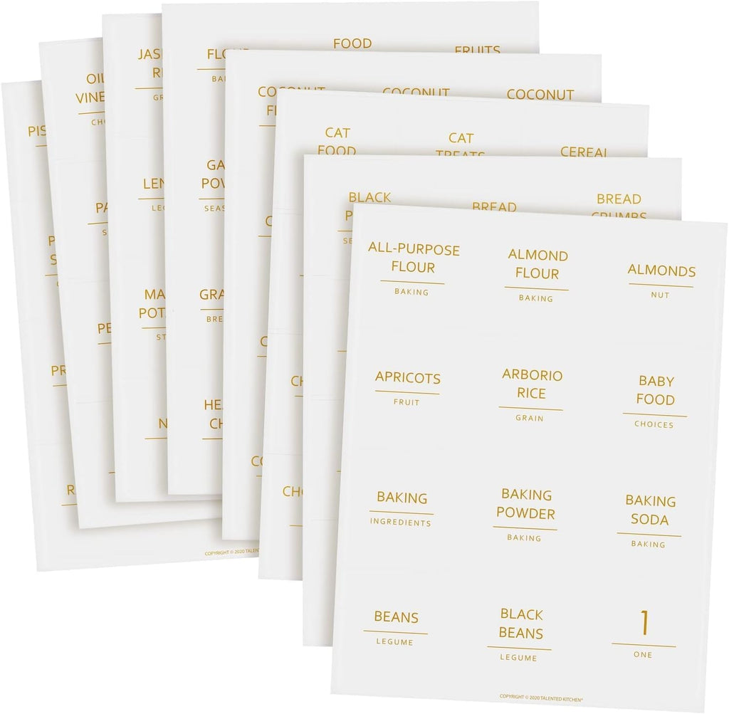 Talented Kitchen Labels for Storage Bins - Water-Resistant Food Container Stickers - Vinyl Jar Labels with Gold Text - Preprinted Pantry Container Stickers - 2.5 x 2.5 in, Pack of 144