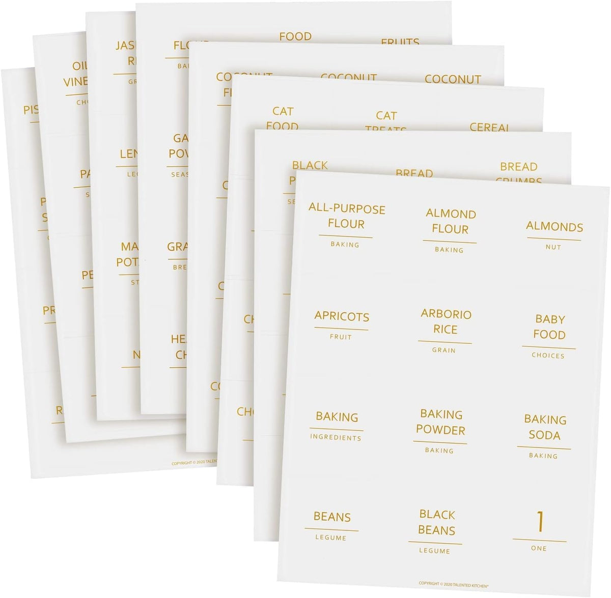 Talented Kitchen Labels for Storage Bins - Water-Resistant Food Container Stickers - Vinyl Jar Labels with Gold Text - Preprinted Pantry Container Stickers - 2.5 x 2.5 in, Pack of 144