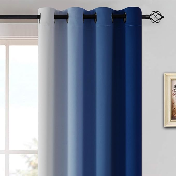 Yakamok Greyish White and Royal Blue Ombre Curtains, Light Blocking Curtains - Image 3