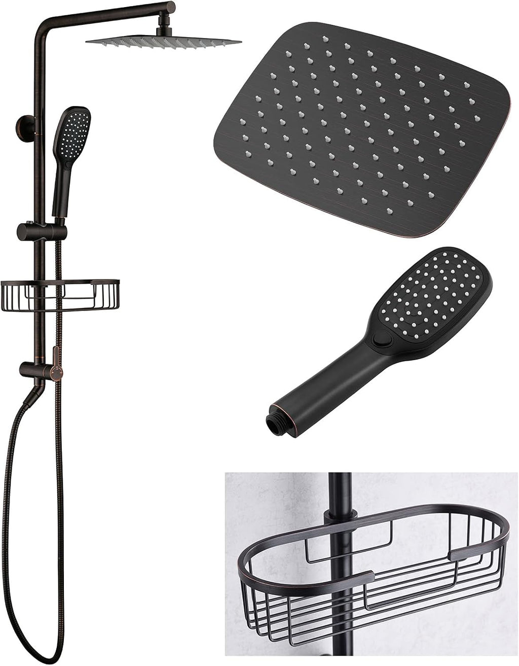 Shower Head System with Caddy Oil Rubbed Bronze Shower Kit with 12 Inch | Stainless Steel Bathroom Rain Shower Head and Handle Set Fixture, Outdoor Exposed Wall Mounted
