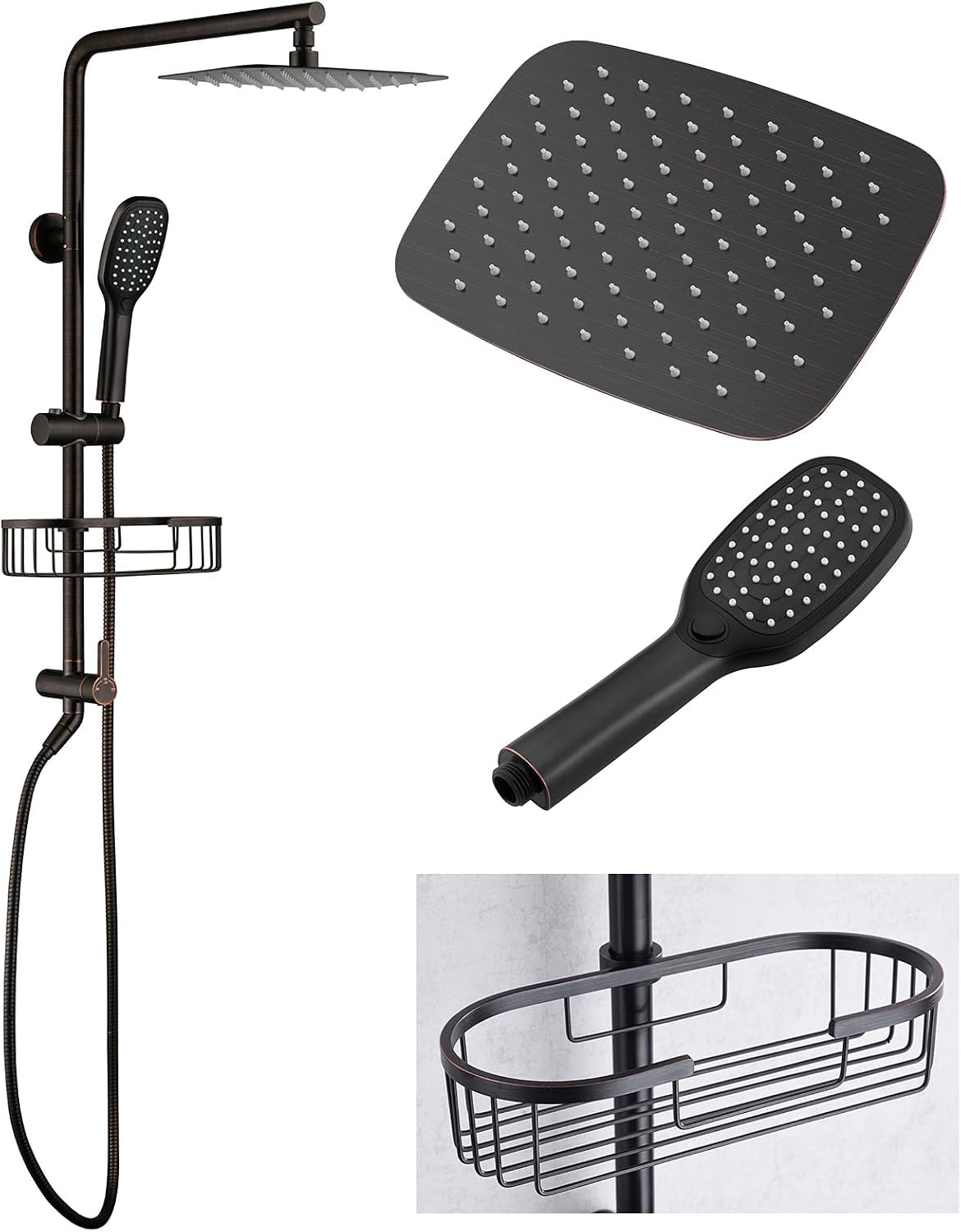 Shower Head System with Caddy Oil Rubbed Bronze Shower Kit with 12 Inch | Stainless Steel Bathroom Rain Shower Head and Handle Set Fixture, Outdoor Exposed Wall Mounted