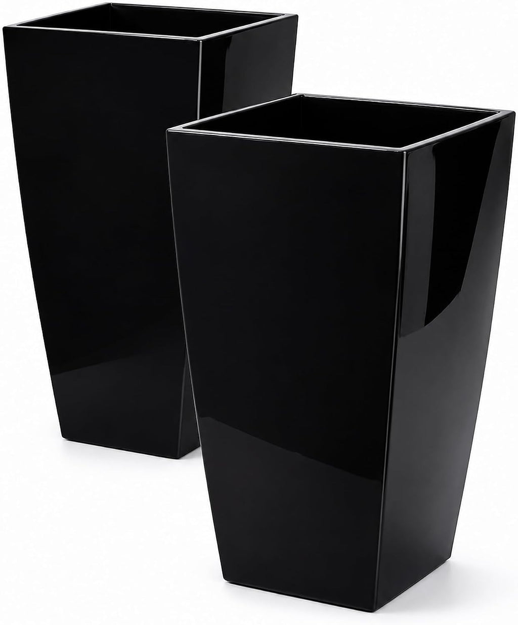 21" Tall Square Planters 2 Pack, Resin Pots Indoor Outdoor, Black