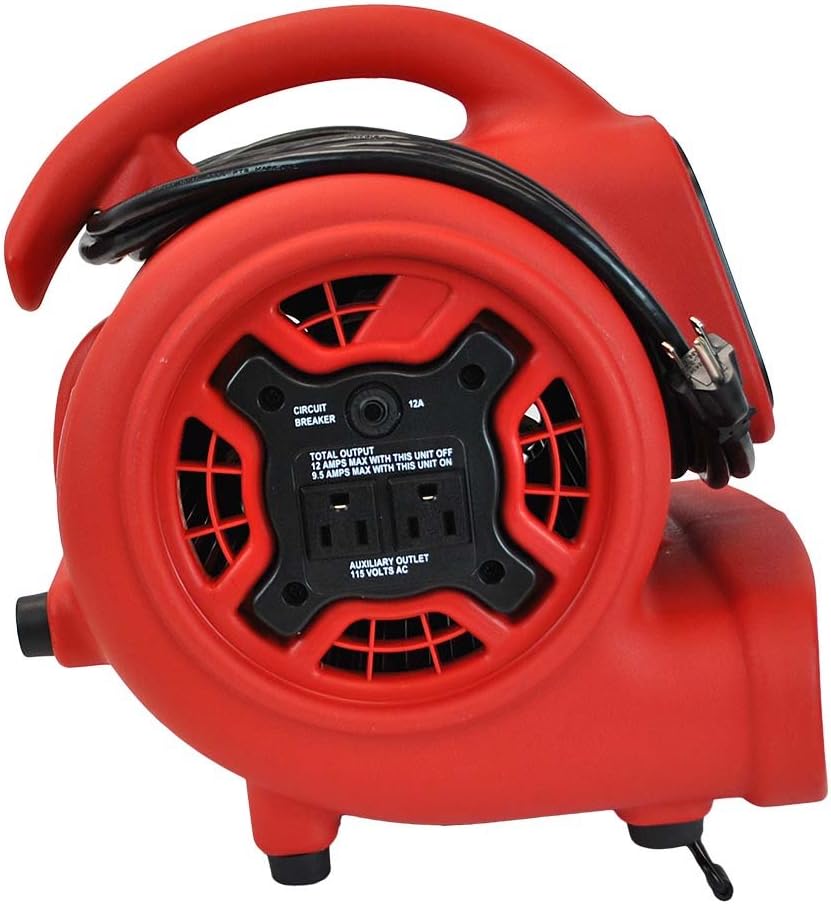 XPOWER P-230AT Mini Mighty 1/4 HP 925 CFM Centrifugal Air Mover, Carpet Dryer, Floor Fan, Blower, Stackable, Daisy Chain, for Water Damage Restoration, Janitorial, Plumbing, Home Use, Red