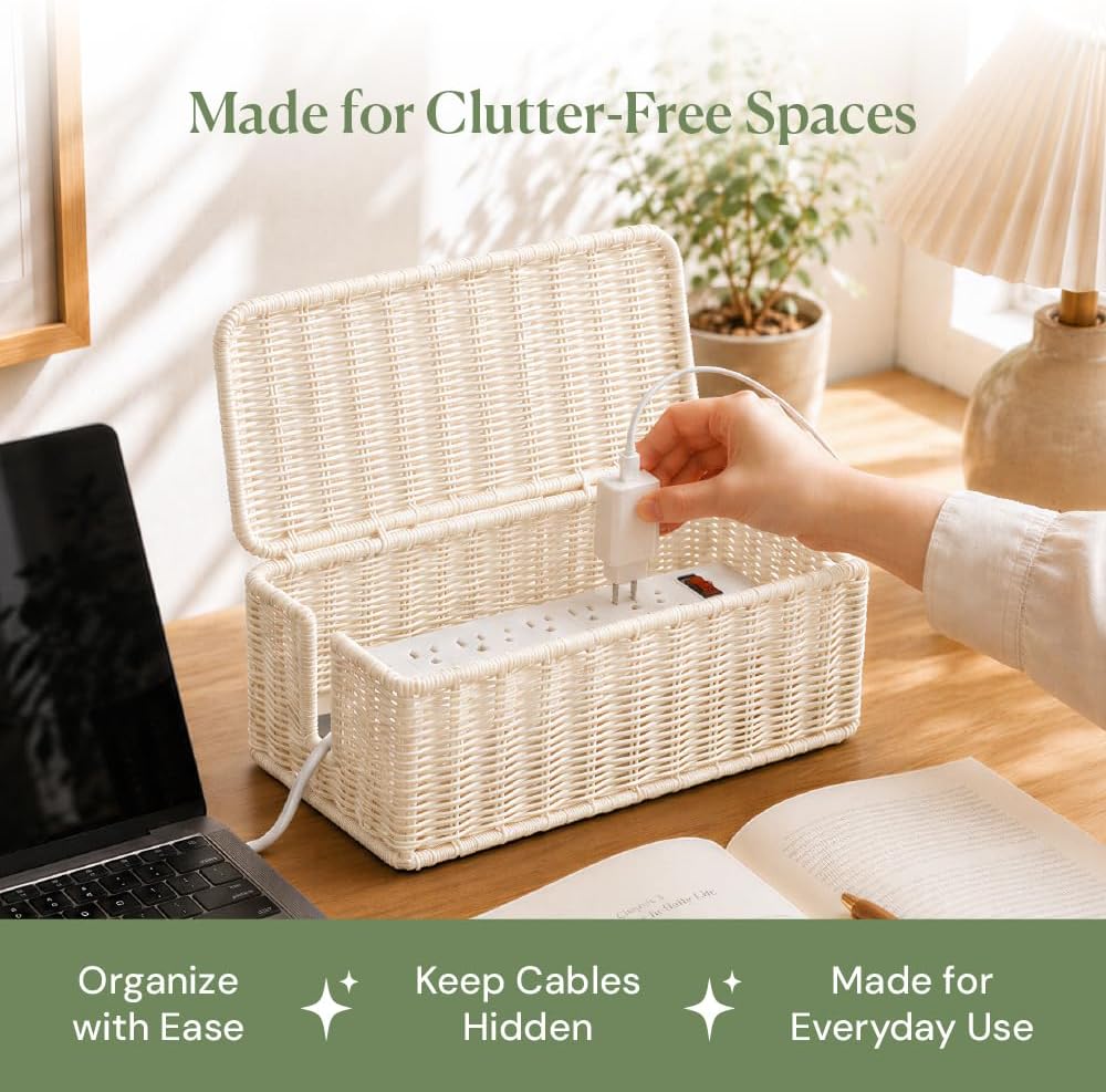 Cable Management Box, Handmade Rattan Cord Organizer for Power Strip