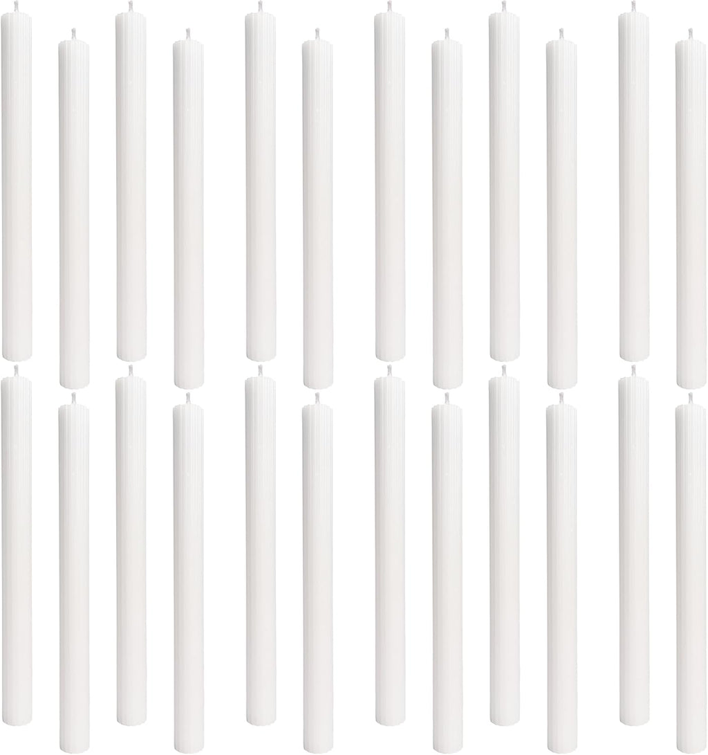 CW Studio 0.78x10 Inch Unscented Ribbed Taper Candles – Elegant Fluted Design, 11-Hour Burn, Dripless, Perfect for Home Decor, Weddings, Events & Dinners (24, White)
