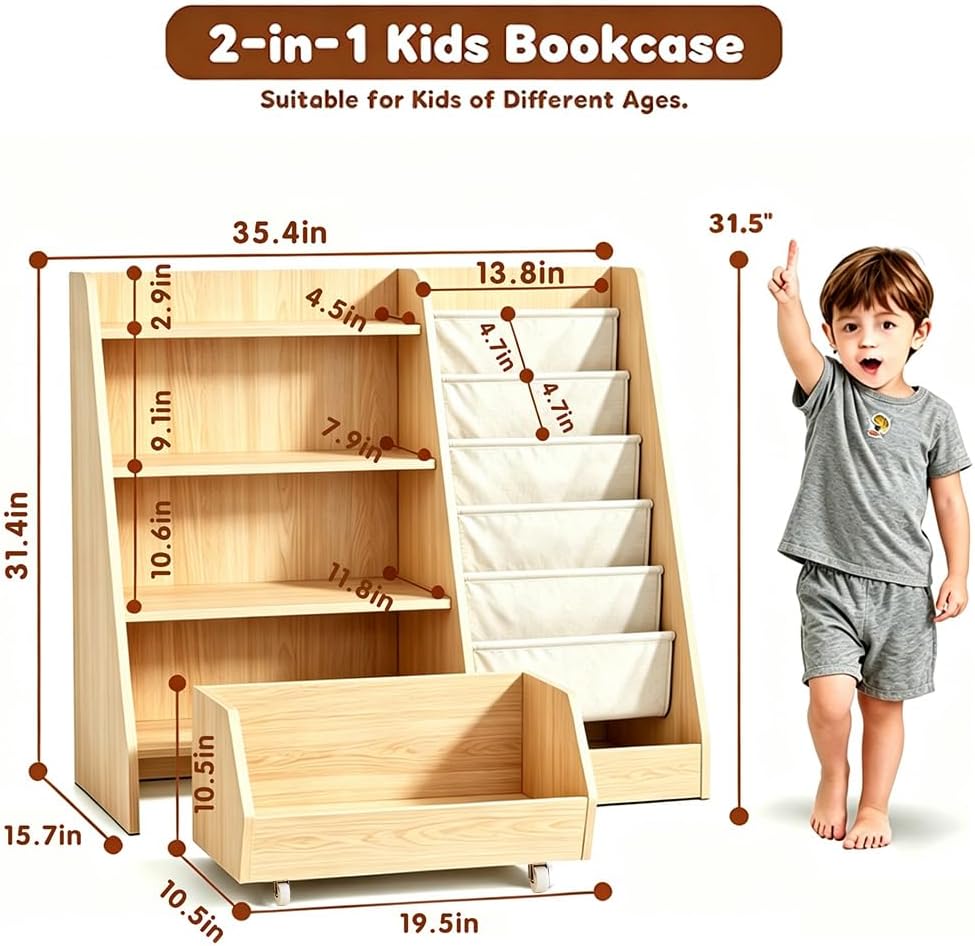 Kids Bookshelf and Toy Storage - Wooden Toddler Book Shelf with Drawer