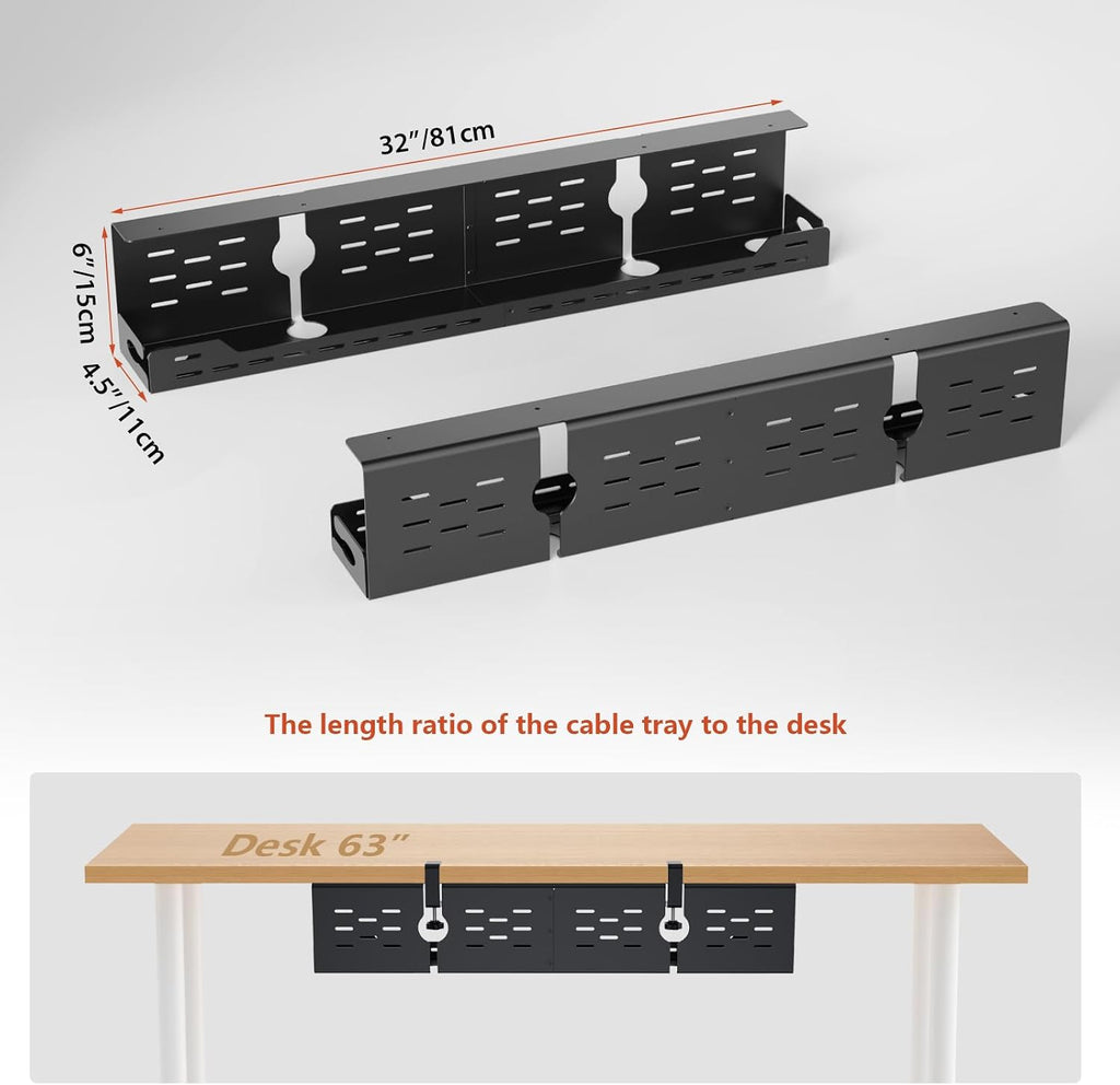 Univivi Under Desk Cable Management Tray, Cable Management, 32 inch, Black