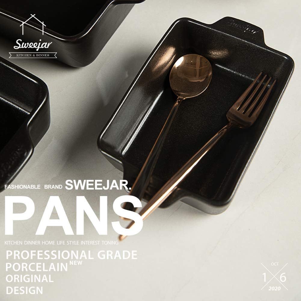 Sweejar Ceramic Bakeware Set, Rectangular Baking Dish for Oven Lasagna Pans for Cooking, Kitchen, Cake Dinner, Banquet and Daily Use, 11.8 x 7.8 x 2.76 Inches of Casserole Dishes (Black)