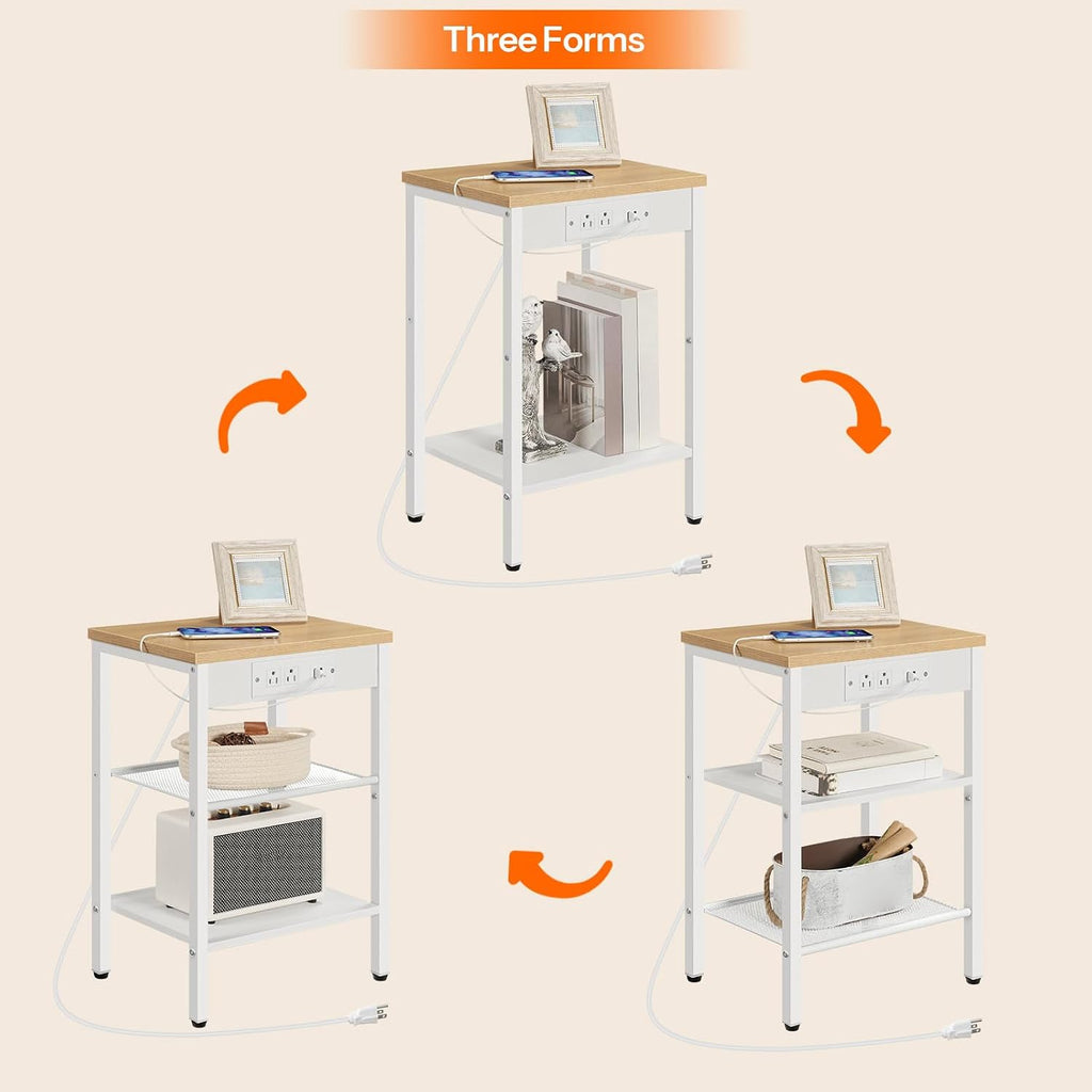 HOOBRO Side Table with Charging Station, Small End Table for Small Space