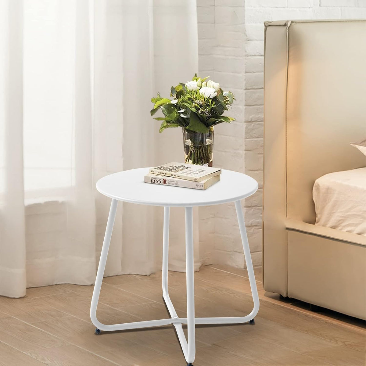 Meluvici Patio Outdoor Side Table Waterproof Round Metal Steel Small Side Table Weather Resistant Portable Outdoor and Indoor End Table for Garden Balcony Yard, White