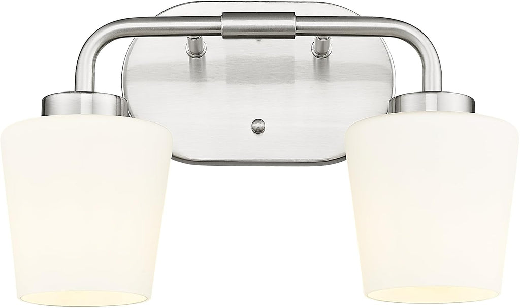 2-Light Brushed Nickel Bathroom Vanity Light, Milk White Glass