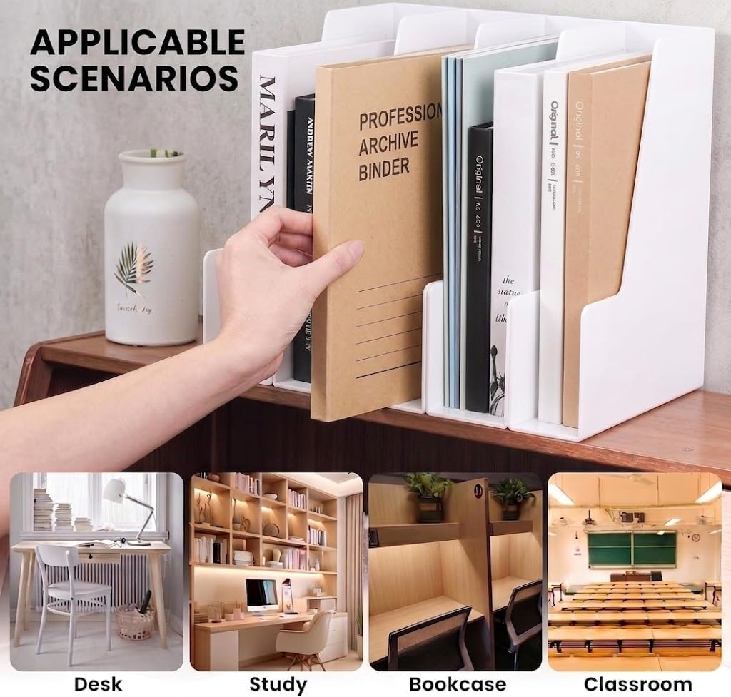 LALOBLUE White Vertical File Organizer, 4 Section Magazine Holder for Desk