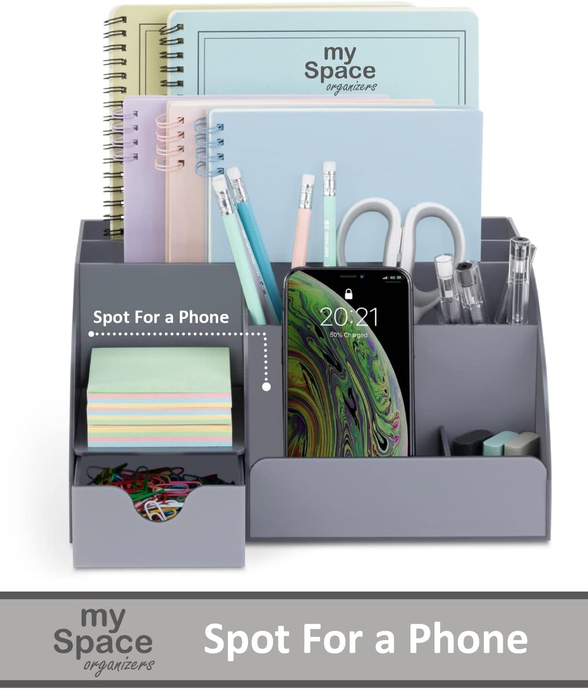 My Space Organizers Grey Desk Organizer, 9 Compartments, Office Supplies and Desk Accessories Organizer, Office Decor Desktop Organizer (Gray)
