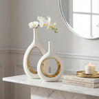 White and Gold Vase Ceramic White Vases Home Decor,Modern Minimalist Circle with Hole Decorative Vase, Hollow Ellipse Flower vases for Bookshelf, Fireplace Mantle, Centerpieces,Farmhouse,Rustic Décor