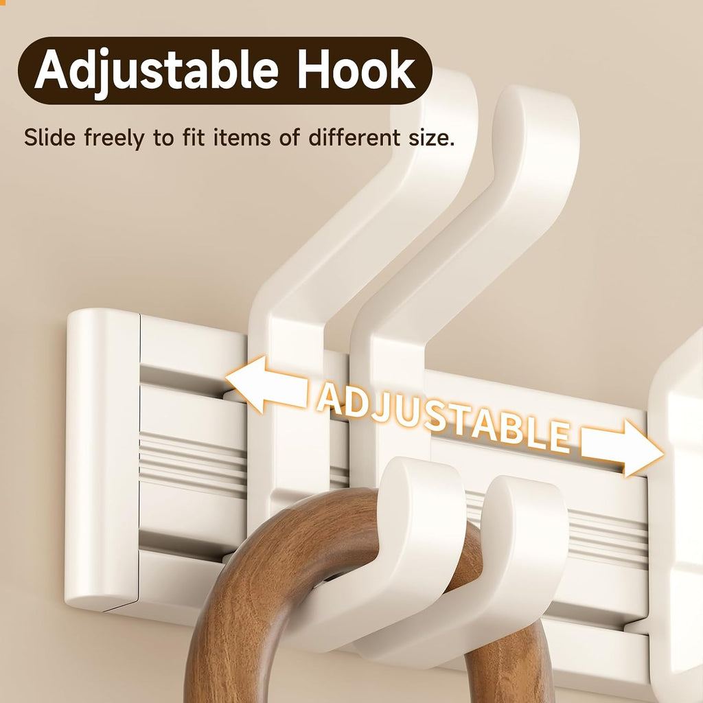 Wall Mounted Coat Hook Rack, 6 Adjustable Sliding Hooks Premium Aluminum Wall Hanger, 2 Mounting Options Self Adhesive & Drilling for Bathroom Bedroom Entryway (Off-White)