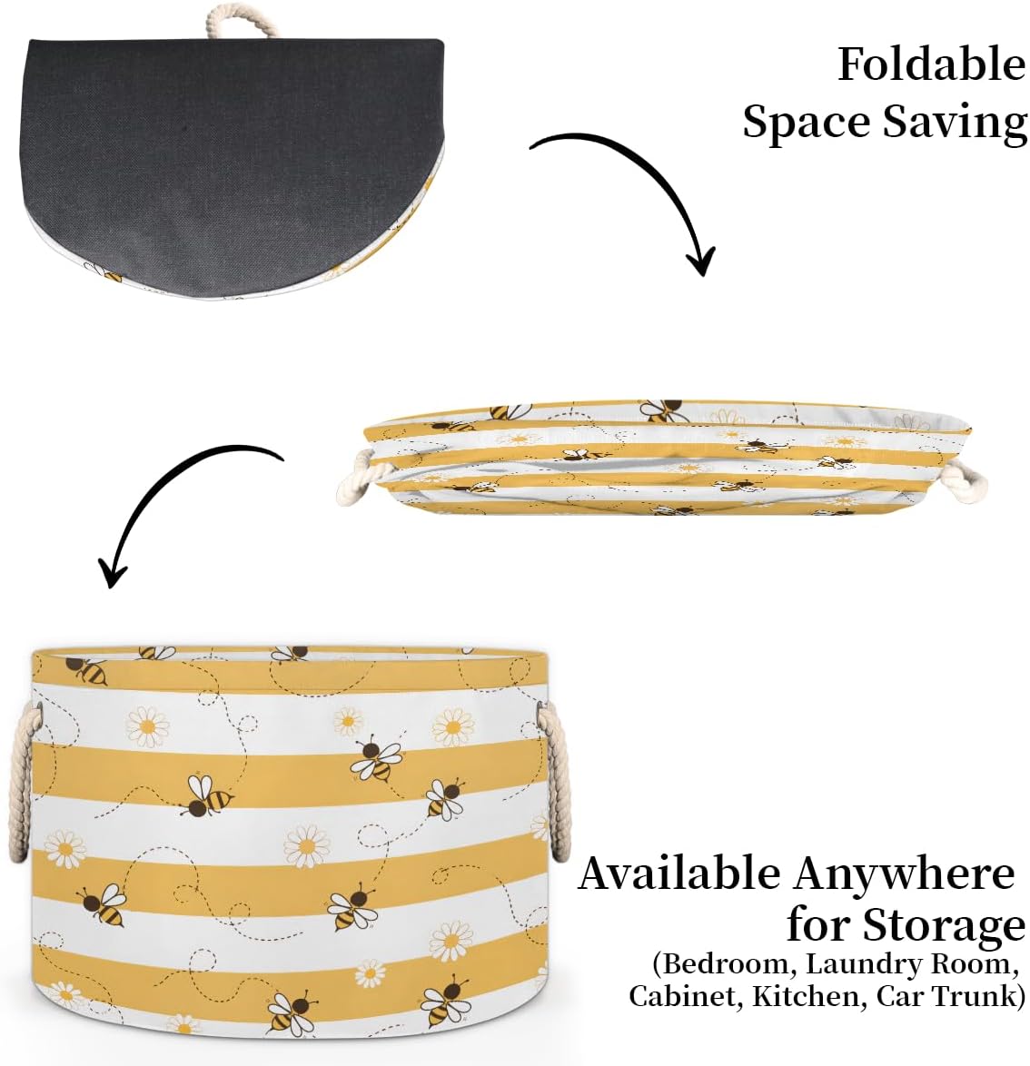 Animal Cute Bee Large Storage Basket Honeycomb Bee Round Laundry Basket with Handle Organization Collapsible Storage Bins Box Hamper for Kids Toy Clothes Nursery Bedroom Living Room Decor