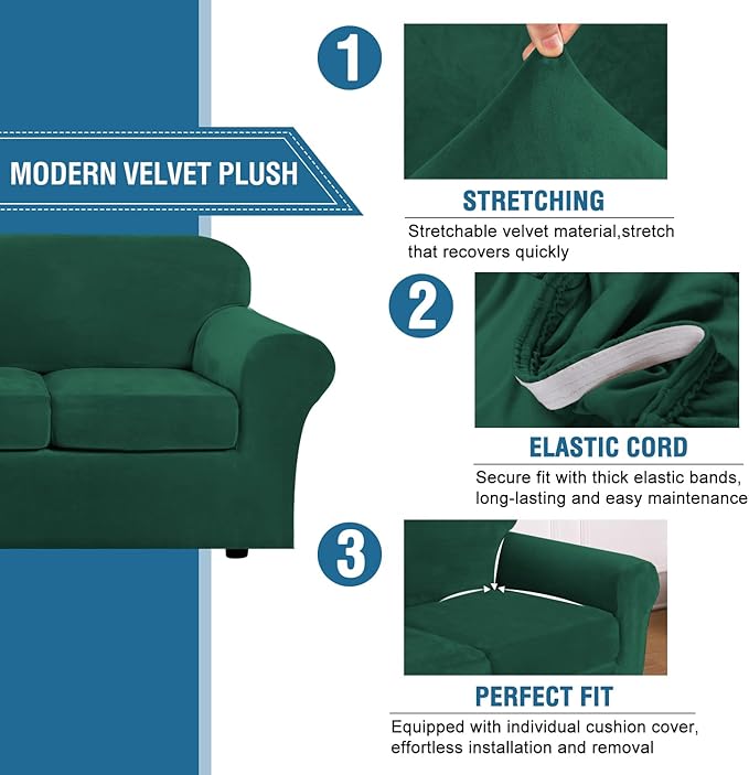 H.VERSAILTEX Modern Velvet Plush 4 Piece High Stretch Sofa Slipcover Furniture - Image 3