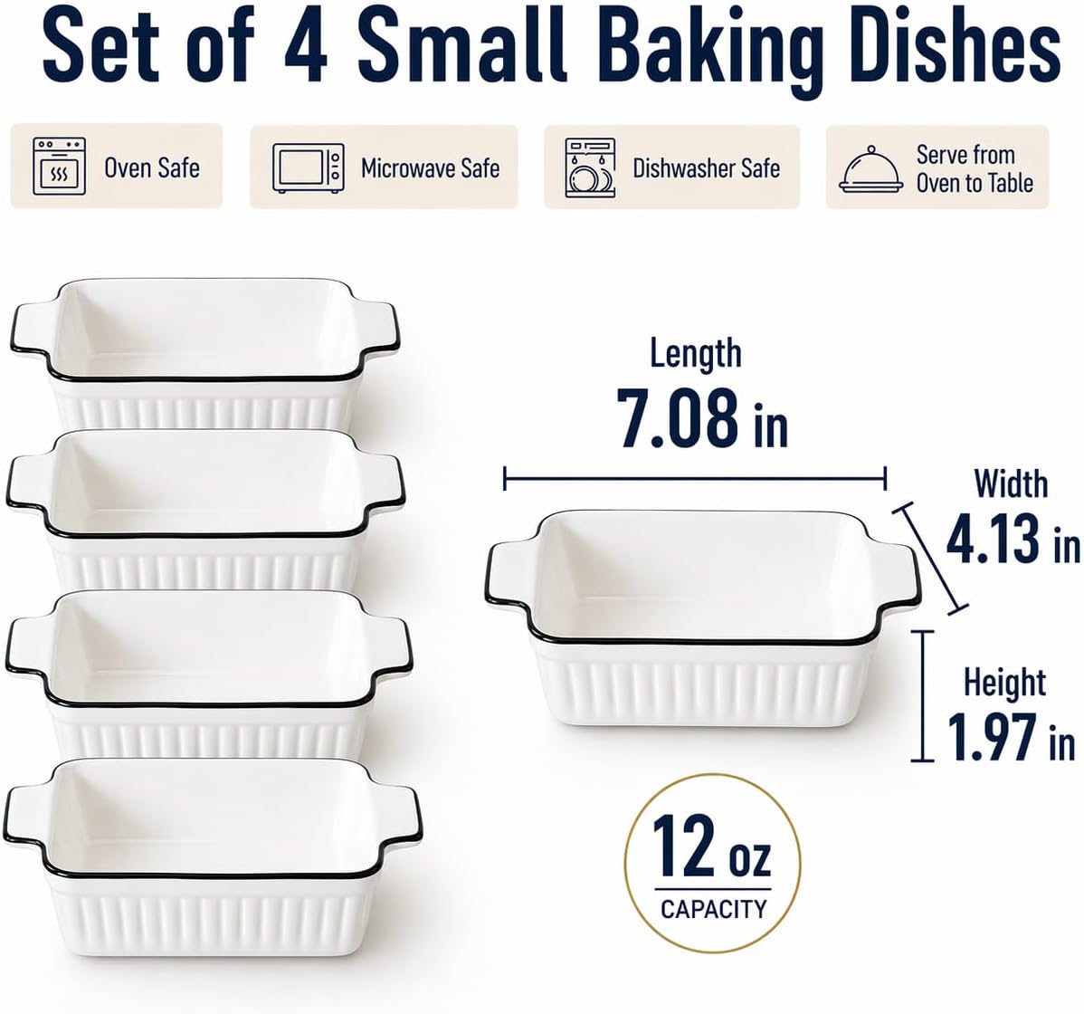 12 Oz Casserole Dish, Ceramic Baking Dishes Sets of 4, Small Casserole Dish with Handle, Porcelain Bakeware Sets, 5" Rectangular Baking Serving Dish for Casserole, Cakes, Dishwasher Oven Safe