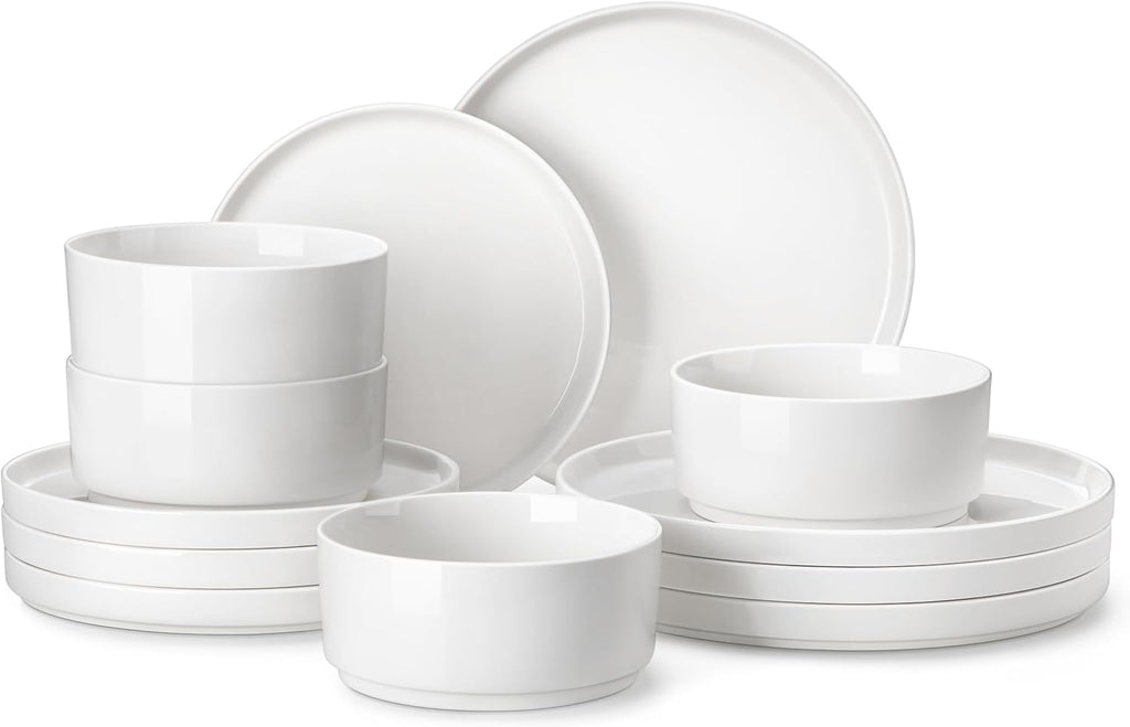 MALACASA 12-Piece Porcelain Dinnerware Set, Modern White Dish Set for 4