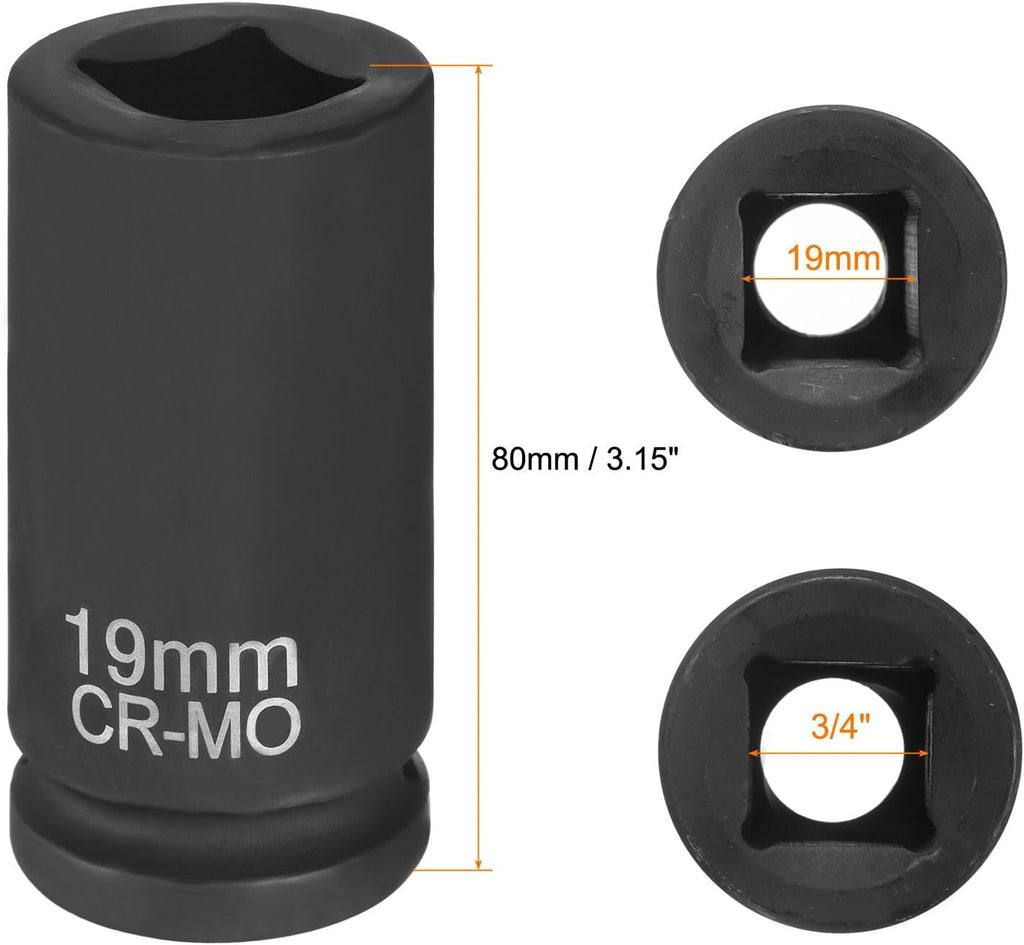 HARFINGTON 2pcs 4 Point Square Socket 3/4" Drive 19mm Metric Square Impact Socket CR-MO Blackening Standard Wheel Sleeve Pneumatic Sleeve Tool for Auto Repair Mechanical Maintenance Home Use