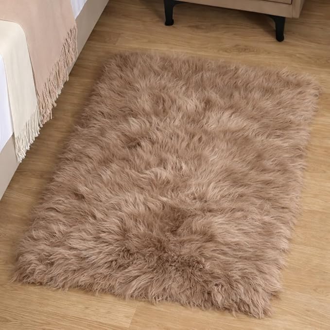 Goolela Fluffy Faux Fur Rug for Bedroom Light Brown Beige 2x3 Furry Fuzzy - Image 5