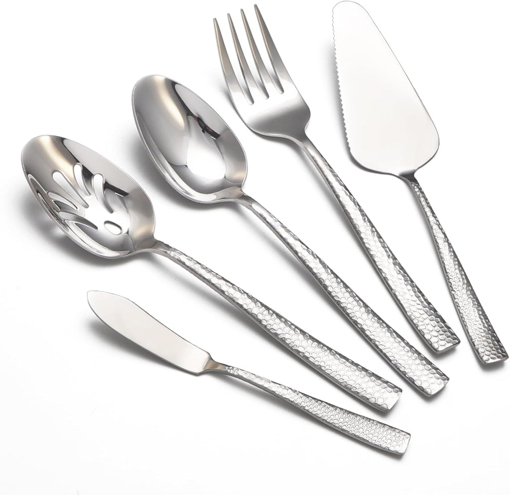 Serving Utensils Set, Stainless Steel Hammered Serving Set