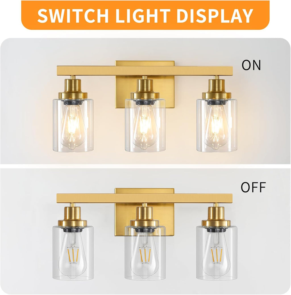 3 Light Gold Bathroom Light Fixtures, Bathroom Vanity Light Over Mirror, Gold Wall Sconce Vanity Lighting with Clear Glass Shade,Modern Farmhouse Bath Wall Lamp for Mirror Kitchen
