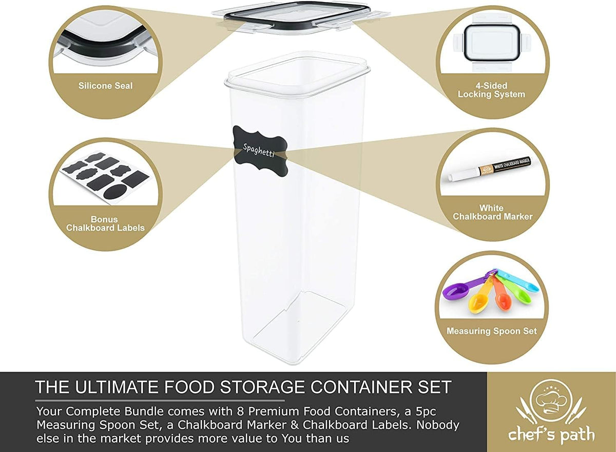 Chef's Path - Kitchen Storage Box Set - 8 Airtight Food Jars for Storing Spaghetti, Pasta, Flour, Cereals, Pet Food Preservation, BPA Free (3 quarts)